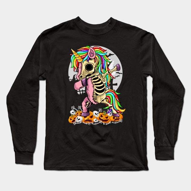 Unicorn Zombie Skeleton Dabbing Pumpkin Halloween Moon Girls Women Long Sleeve T-Shirt by wonderws